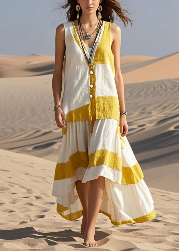 Boutique White Asymmetrical Patchwork Cotton Long Dresses Sleeveless - Image 5