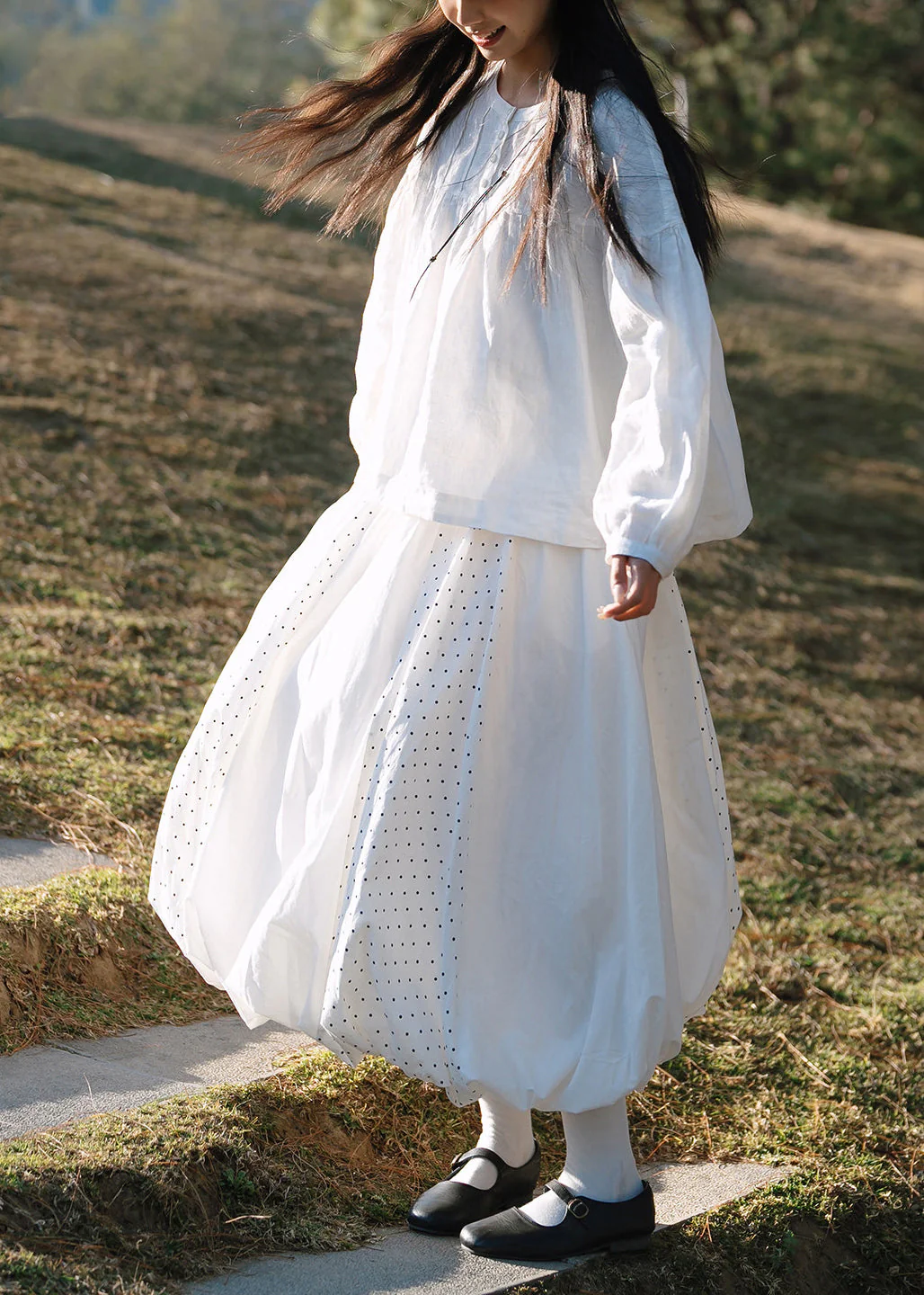 Boutique White Dot Patchwork Exra Large Hem Cotton Skirts Spring - Image 3