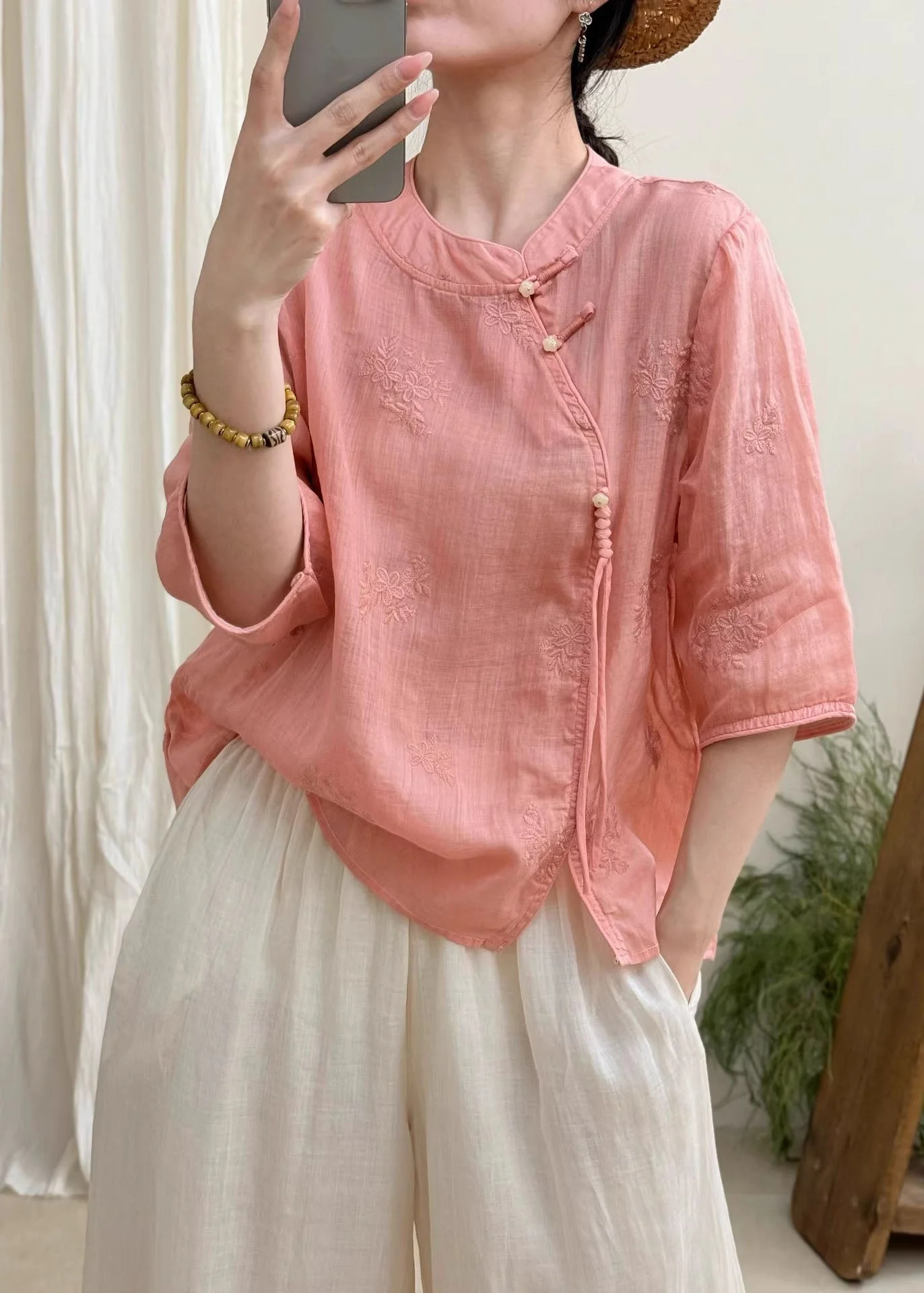 Boutique White Embroidered Oriental Button Linen Blouses Summer - Image 2