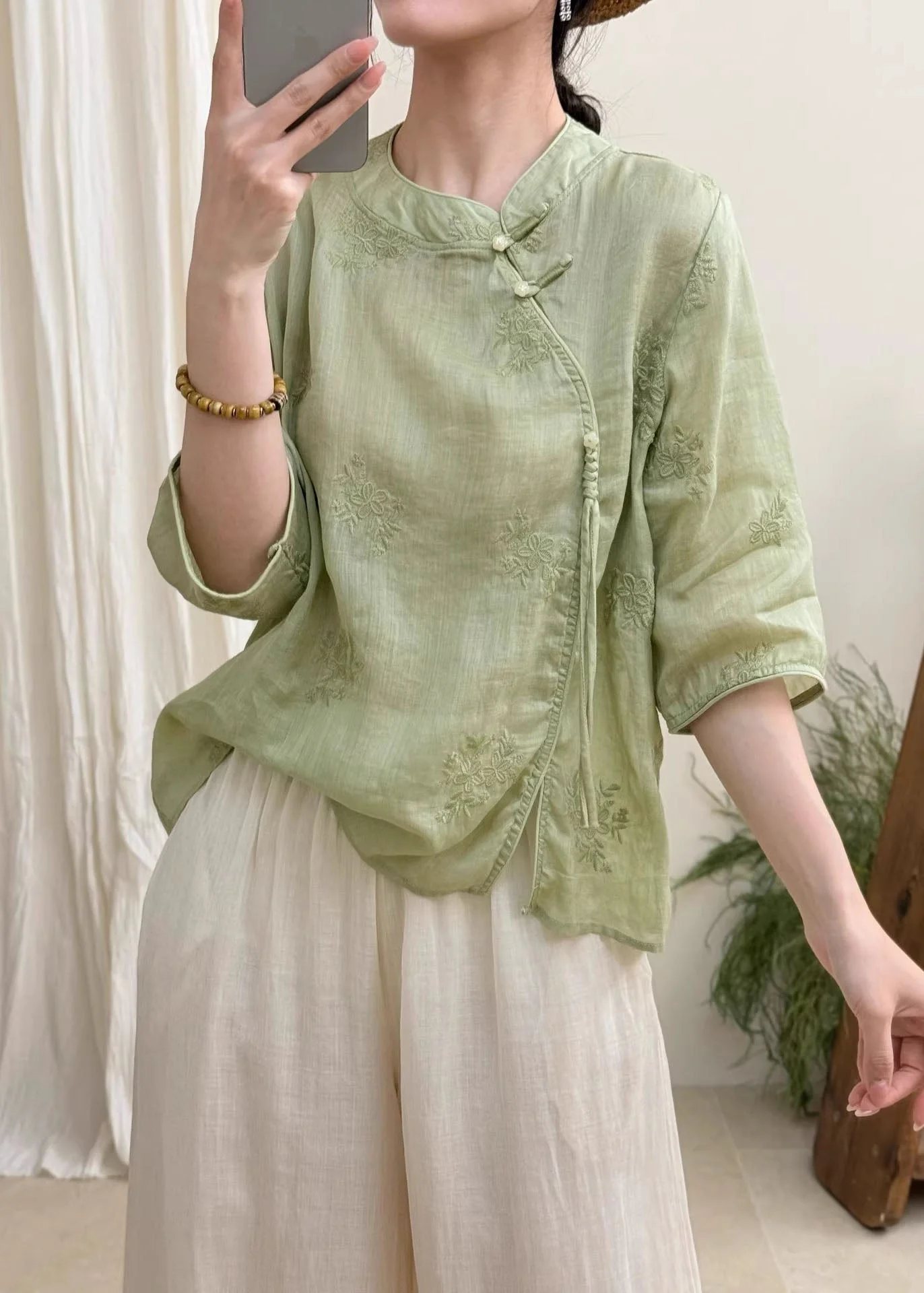 Boutique White Embroidered Oriental Button Linen Blouses Summer - Image 3