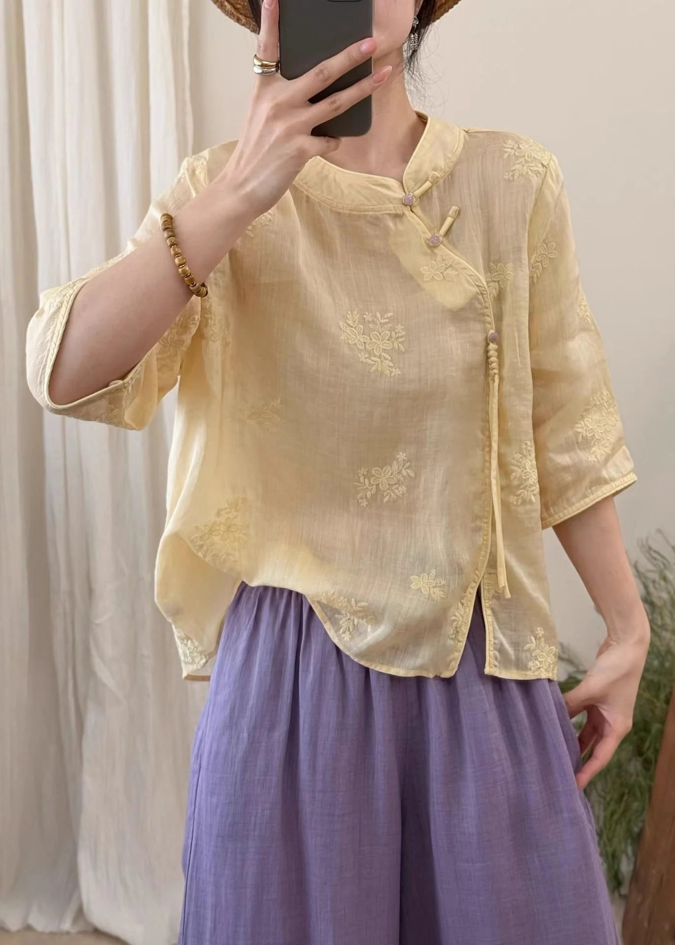 Boutique White Embroidered Oriental Button Linen Blouses Summer - Image 4