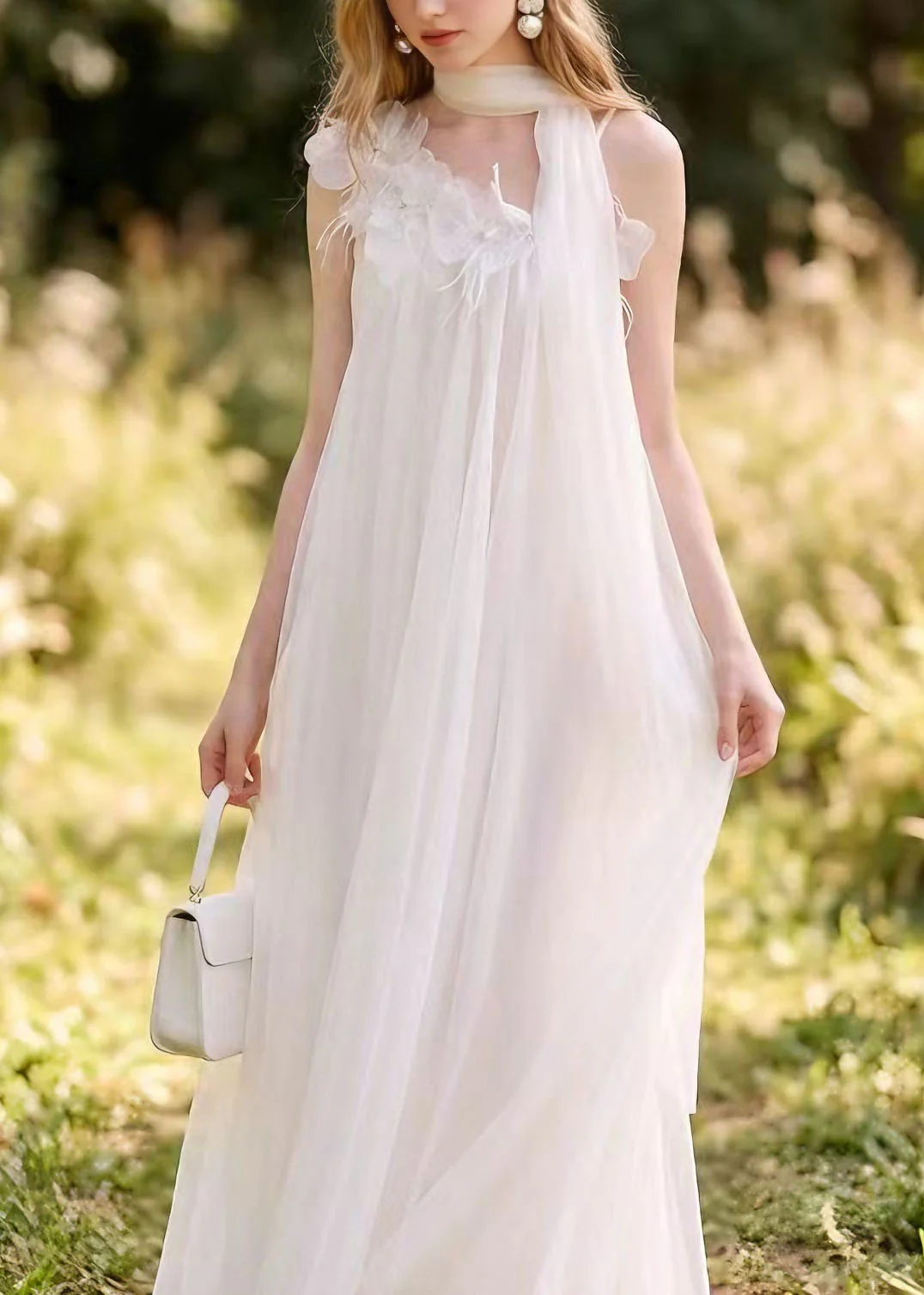 Boutique White Floral Nail Bead Tulle Long Dress Summer - Image 2