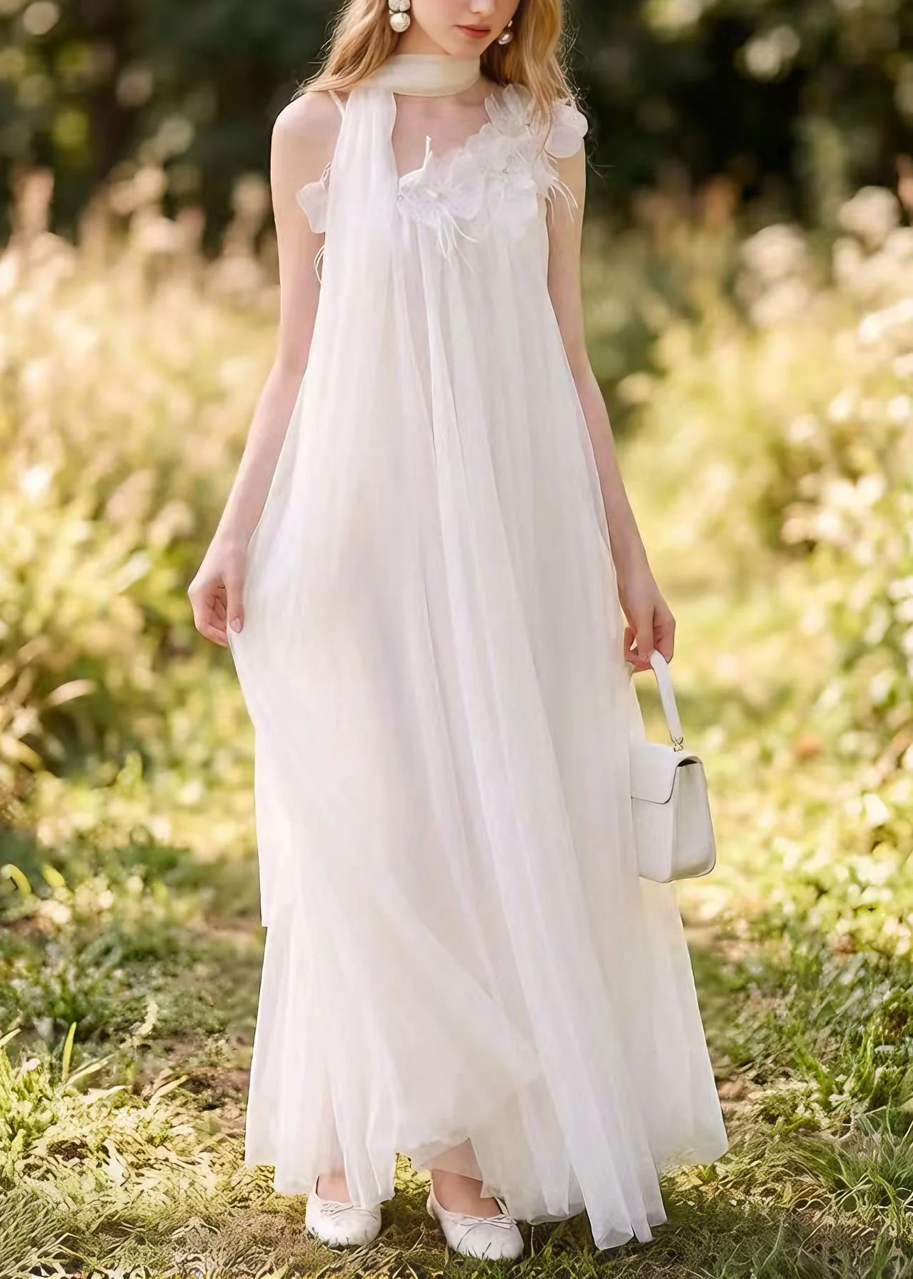 Boutique White Floral Nail Bead Tulle Long Dress Summer - Image 3