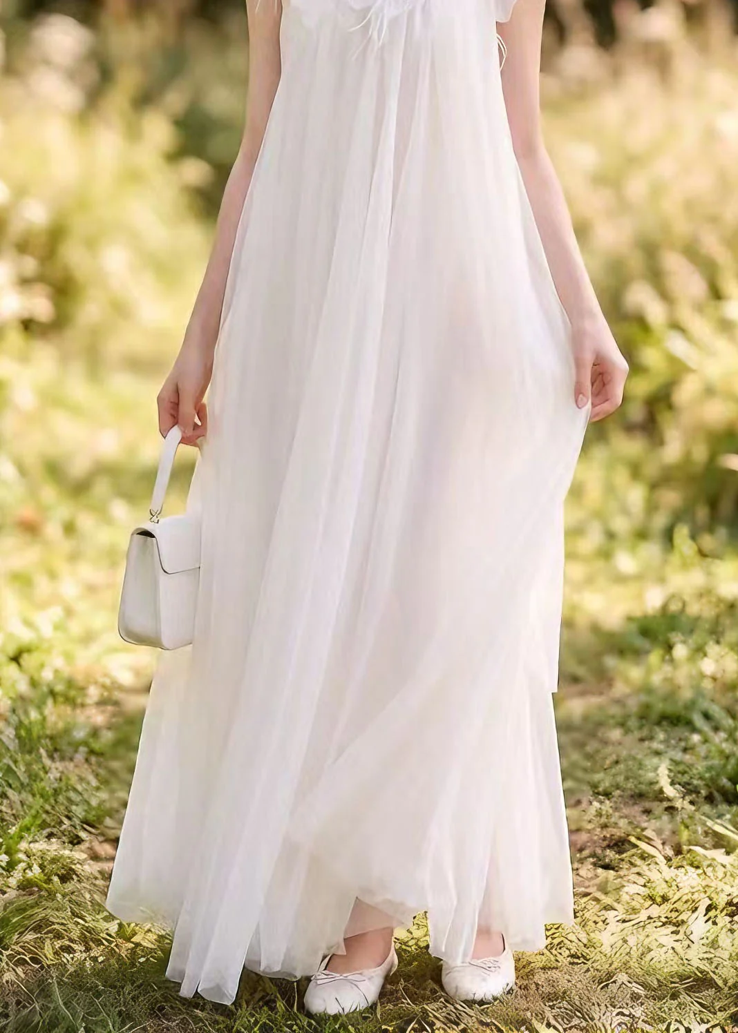 Boutique White Floral Nail Bead Tulle Long Dress Summer - Image 4