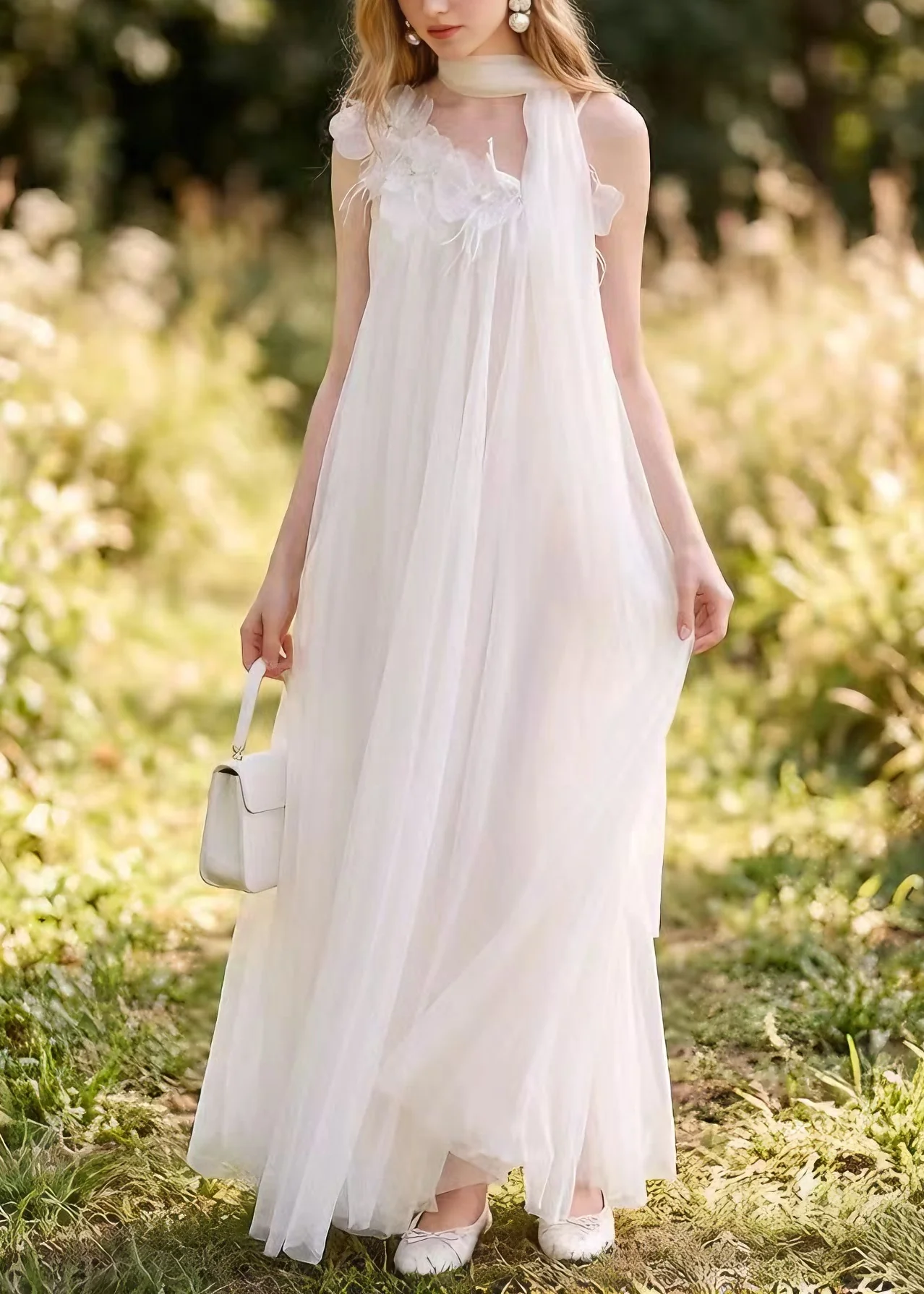 Boutique White Floral Nail Bead Tulle Long Dress Summer - Image 5