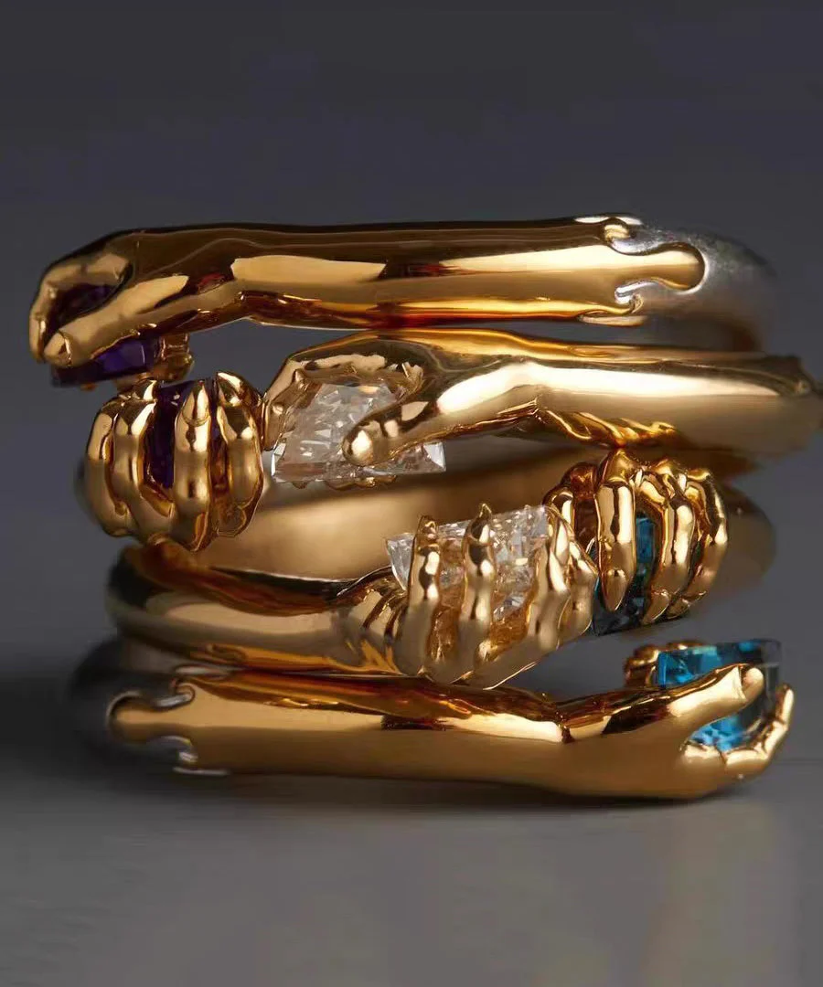 Boutique White Hand Zircon Open Mouth 14K Gold Bangl - Image 5