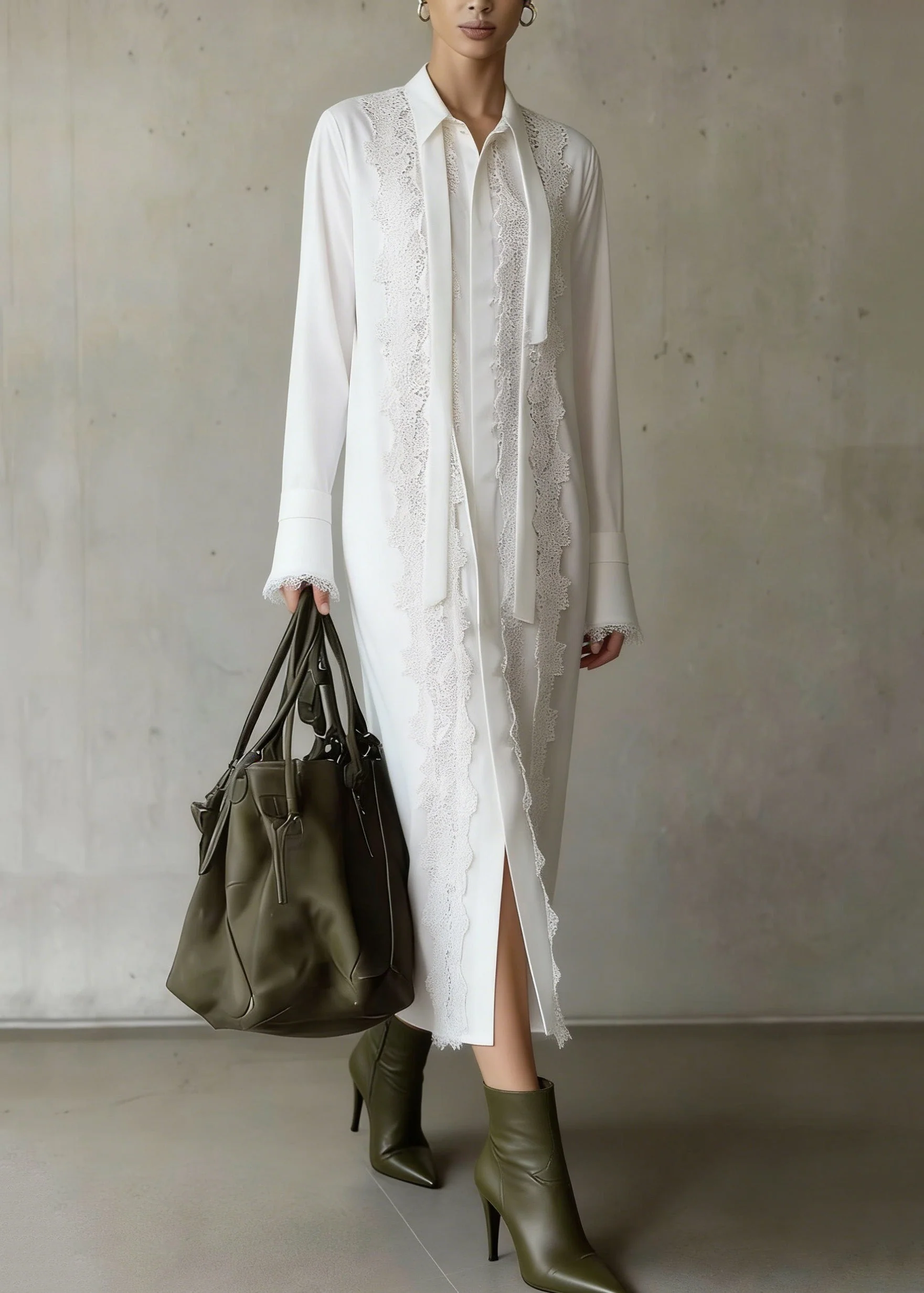 Boutique White Lace Patchwork Chiffon Shirts Dress Spring - Image 3