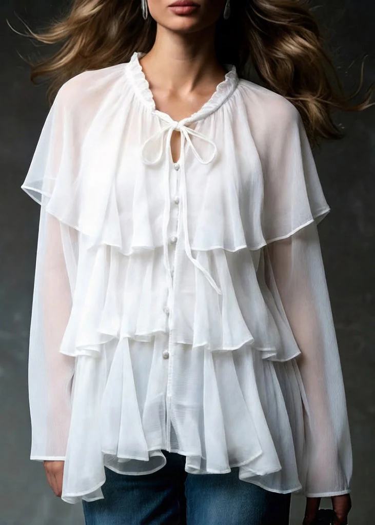 Boutique White Lace Up Ruffled Chiffon Shirt Spring - Image 3