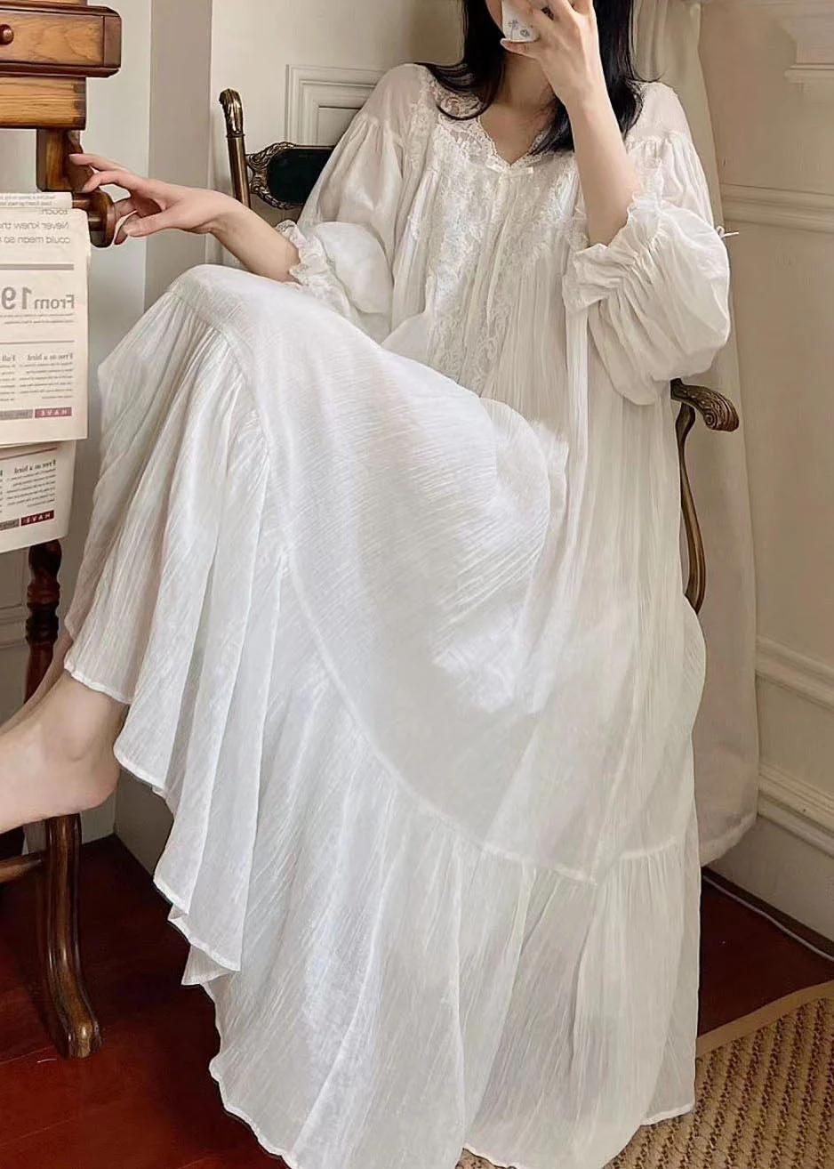 Boutique White Lace Wrinkled Patchwork Cotton Dresses Spring - Image 3
