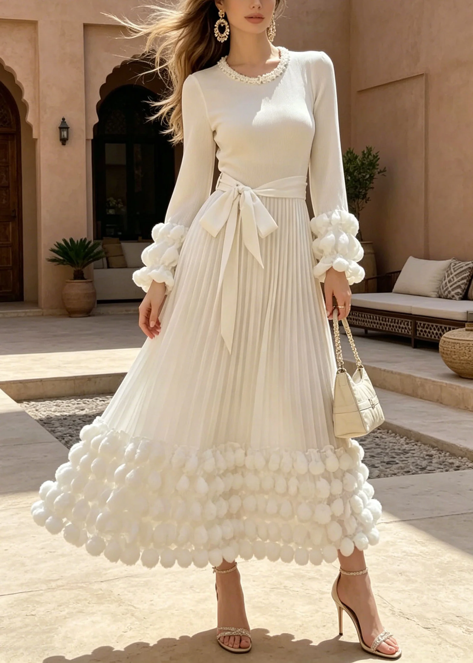 Boutique White O Neck Nail Bead Puff Wrinkled Cotton Dresses Fall - Image 3