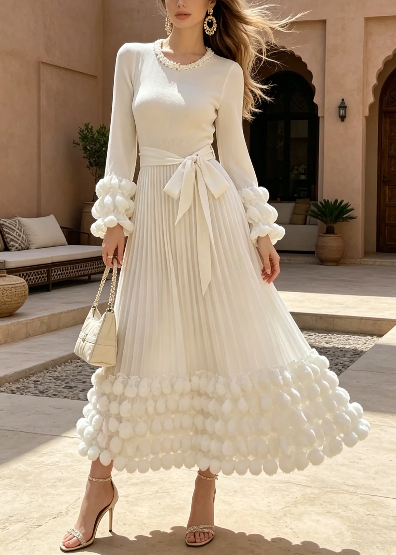 Boutique White O Neck Nail Bead Puff Wrinkled Cotton Dresses Fall - Image 5