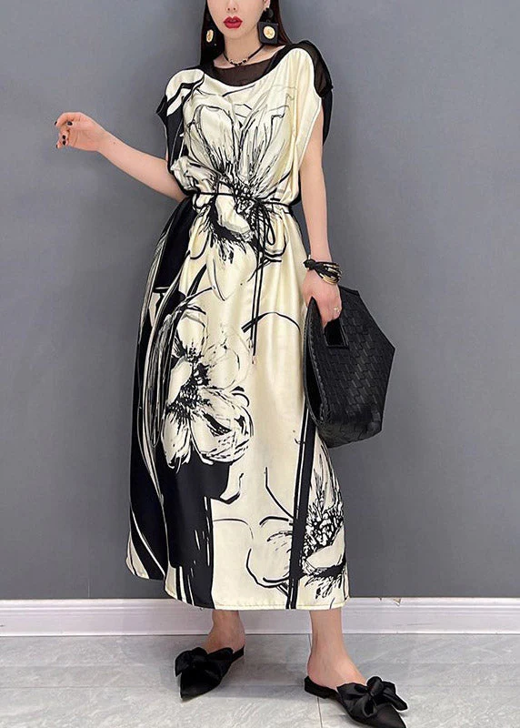 Boutique White O-Neck Print Tie Waist Chiffon Dress Short Sleeve - Image 2