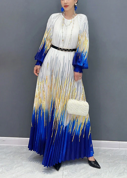 Boutique White O Neck Print Wrinkled Chiffon Dresses Long Sleeve - Image 2