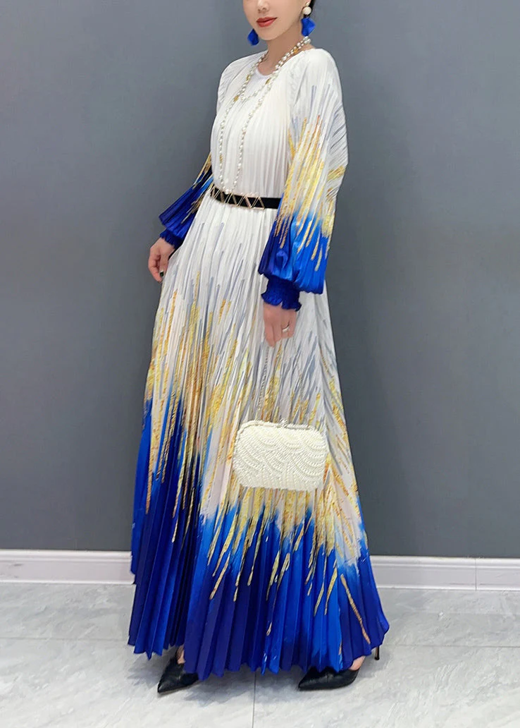Boutique White O Neck Print Wrinkled Chiffon Dresses Long Sleeve - Image 3