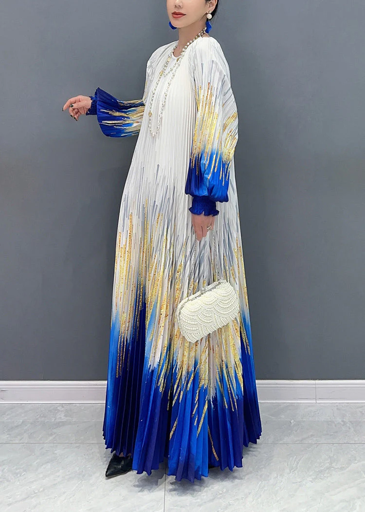 Boutique White O Neck Print Wrinkled Chiffon Dresses Long Sleeve - Image 4
