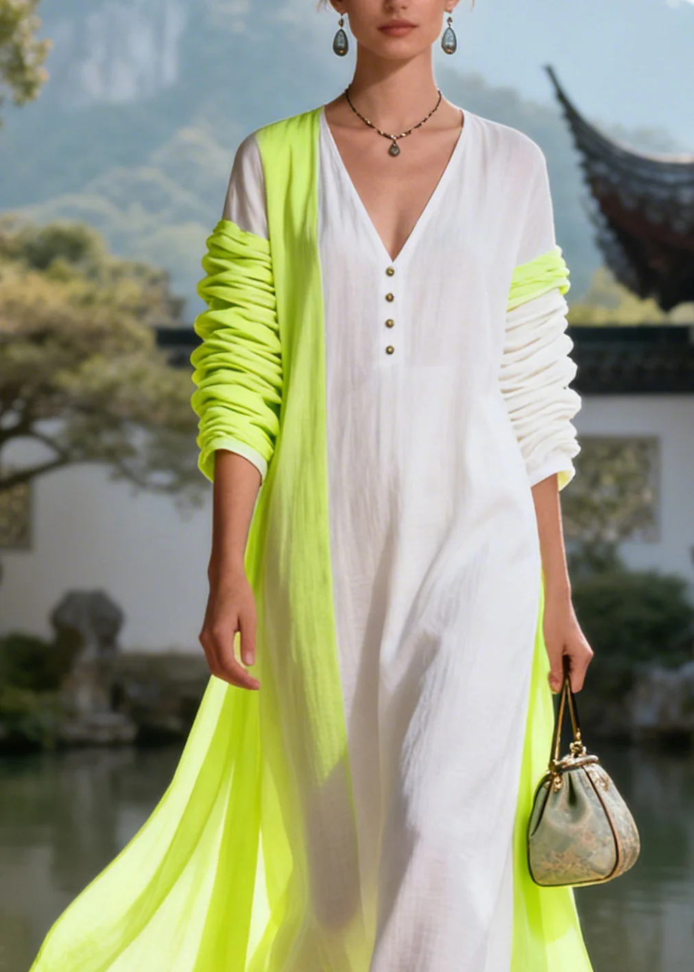 Boutique White Patchwork Light Green Button Maxi Dress Long Sleeve - Image 2