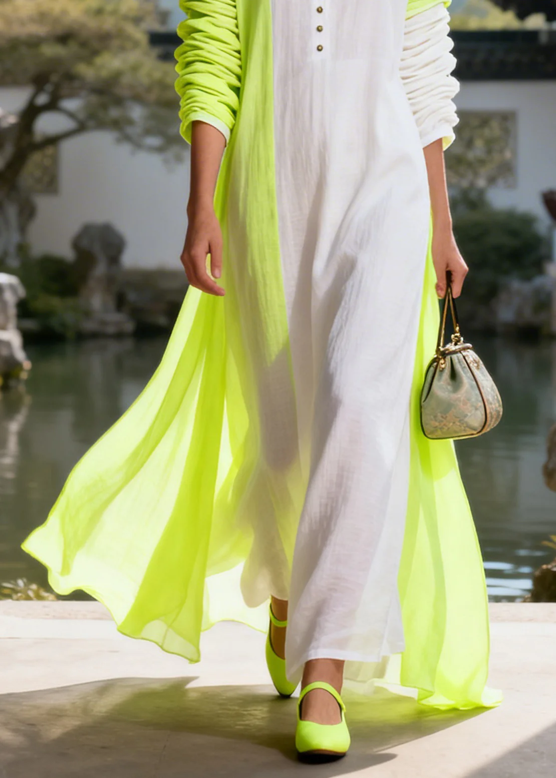 Boutique White Patchwork Light Green Button Maxi Dress Long Sleeve - Image 4