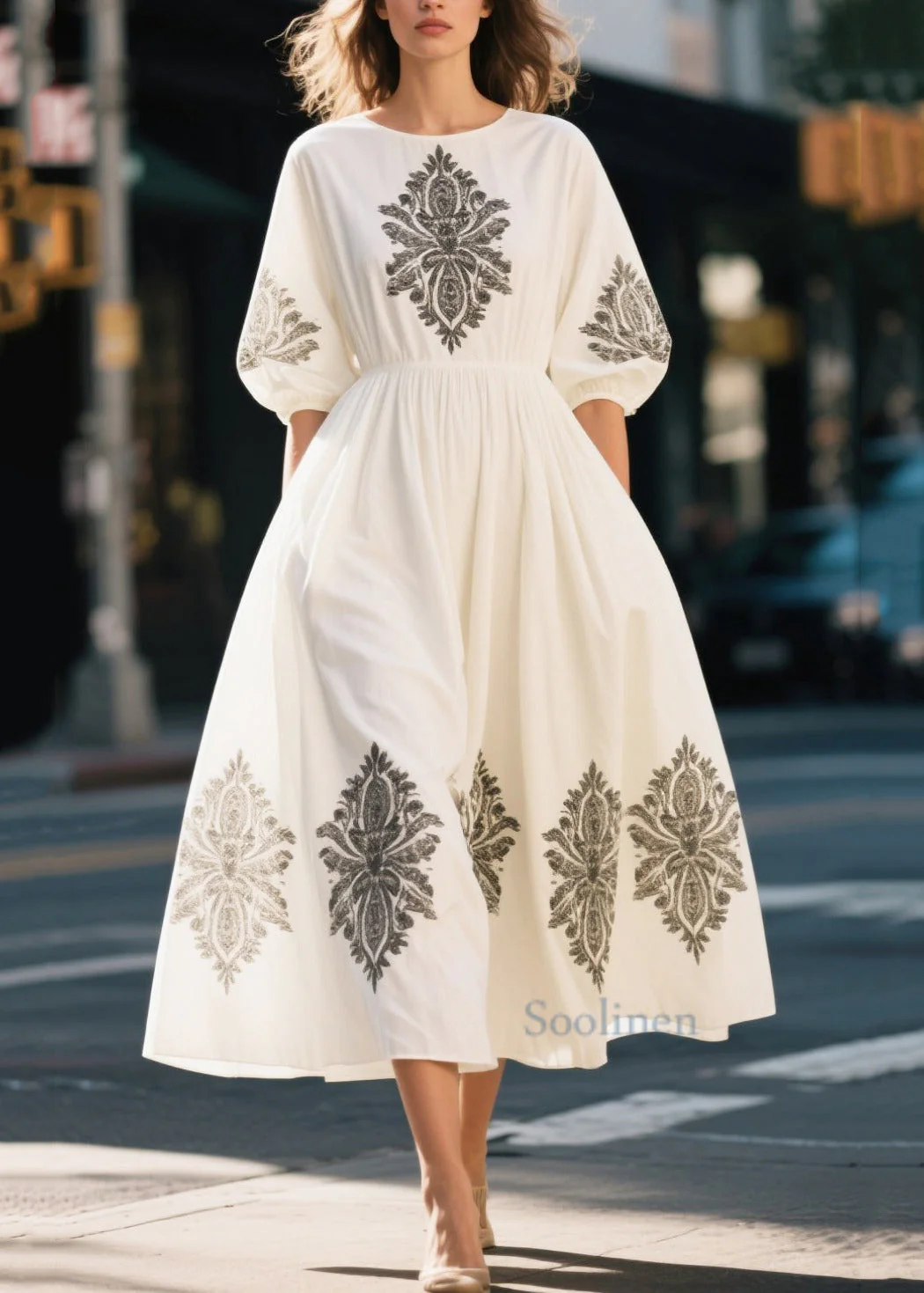 Boutique White Puff Sleeve Print Cotton Party Dress - Image 3