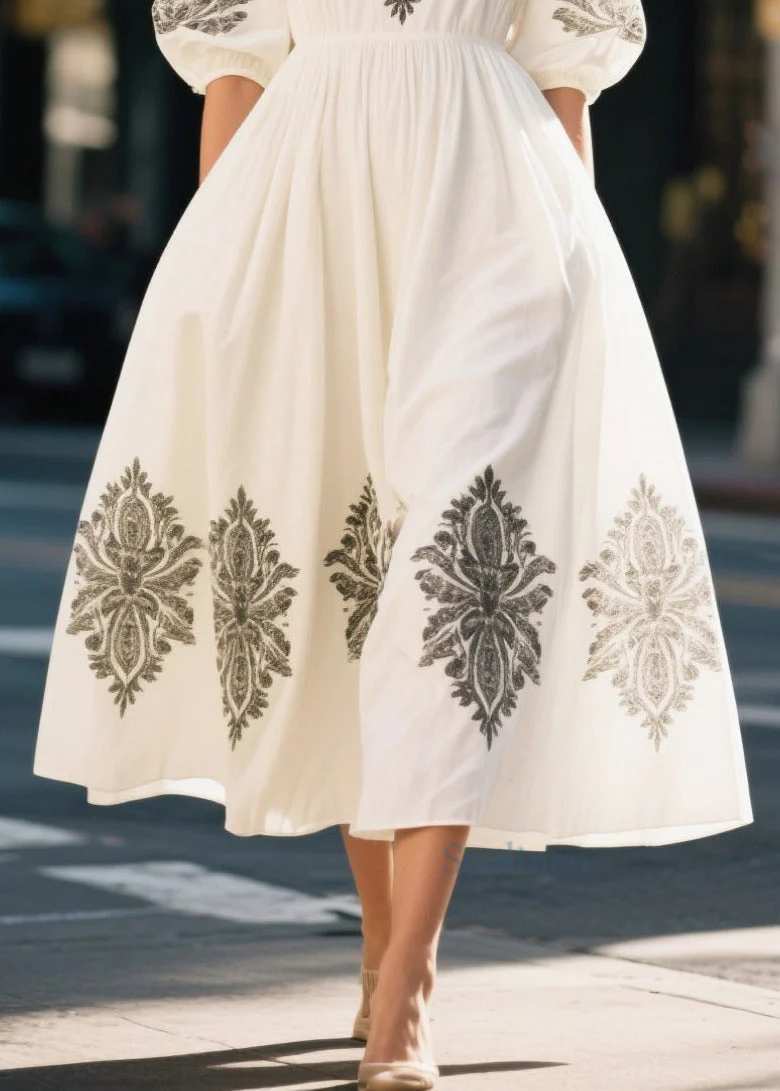 Boutique White Puff Sleeve Print Cotton Party Dress - Image 4