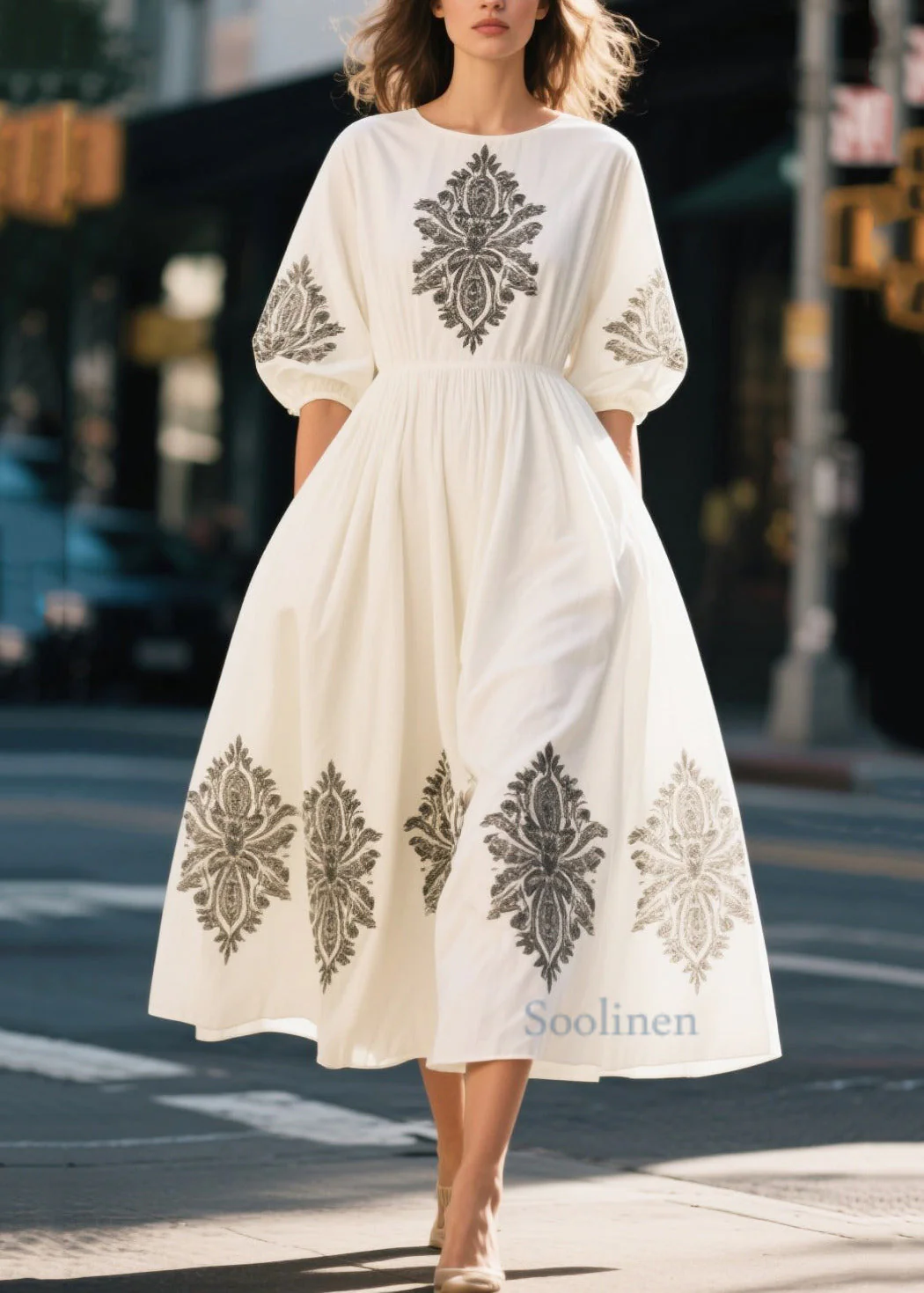 Boutique White Puff Sleeve Print Cotton Party Dress - Image 5