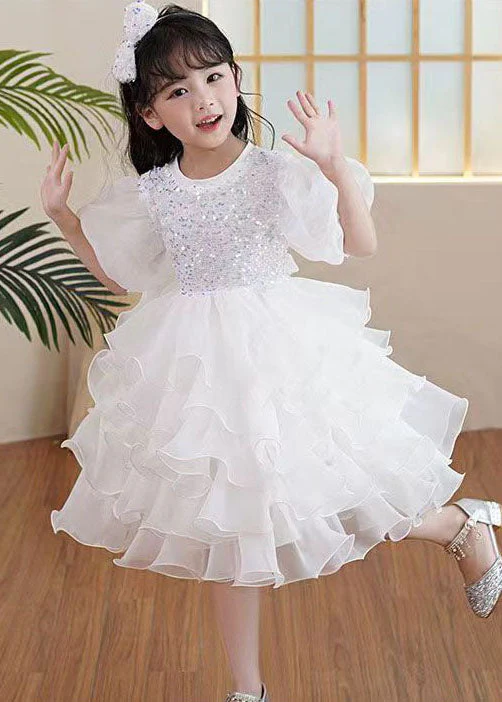 Boutique White Ruffled Sequins Patchwork Tulle Kids Girls Party Dresses Summer - Image 3