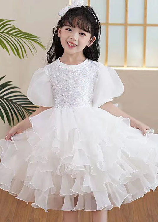 Boutique White Ruffled Sequins Patchwork Tulle Kids Girls Party Dresses Summer - Image 4