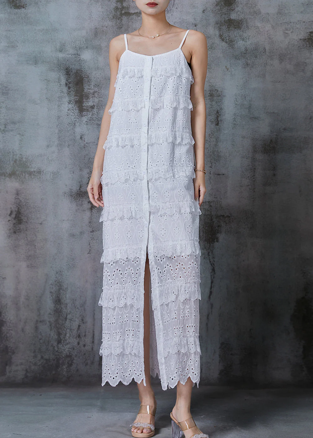 Boutique White Ruffled Side Open Cotton Summer Dress - Image 3