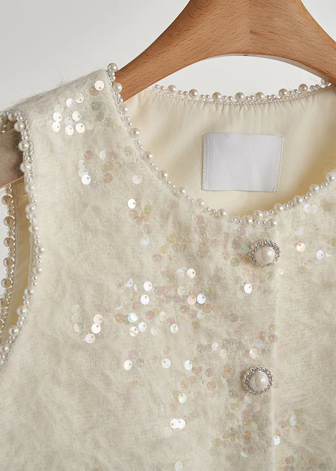 Boutique White Sequins Patchwork Feather Vests Fall - Image 3