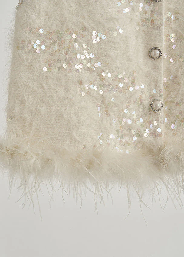 Boutique White Sequins Patchwork Feather Vests Fall - Image 5