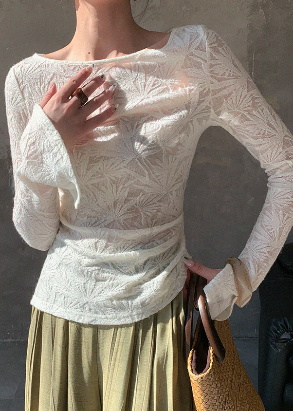 Boutique White Slash Neck Jacquard Wool Knit Tops Spring - Image 2