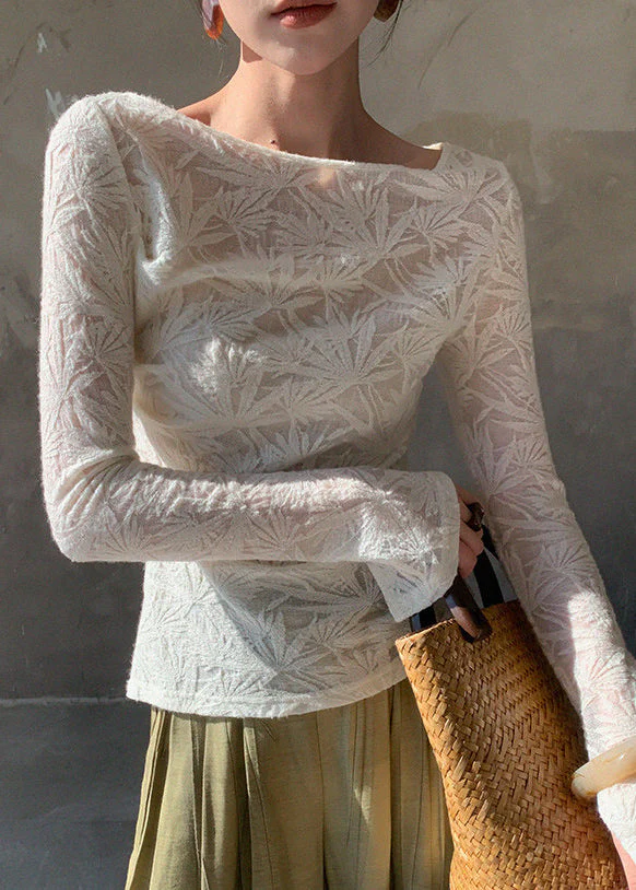 Boutique White Slash Neck Jacquard Wool Knit Tops Spring - Image 3