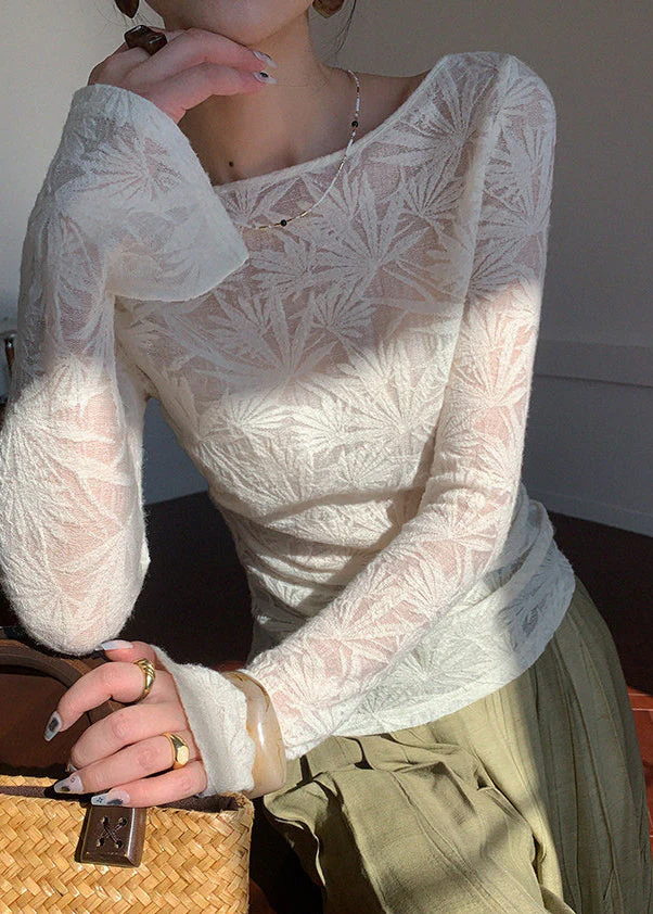Boutique White Slash Neck Jacquard Wool Knit Tops Spring - Image 4