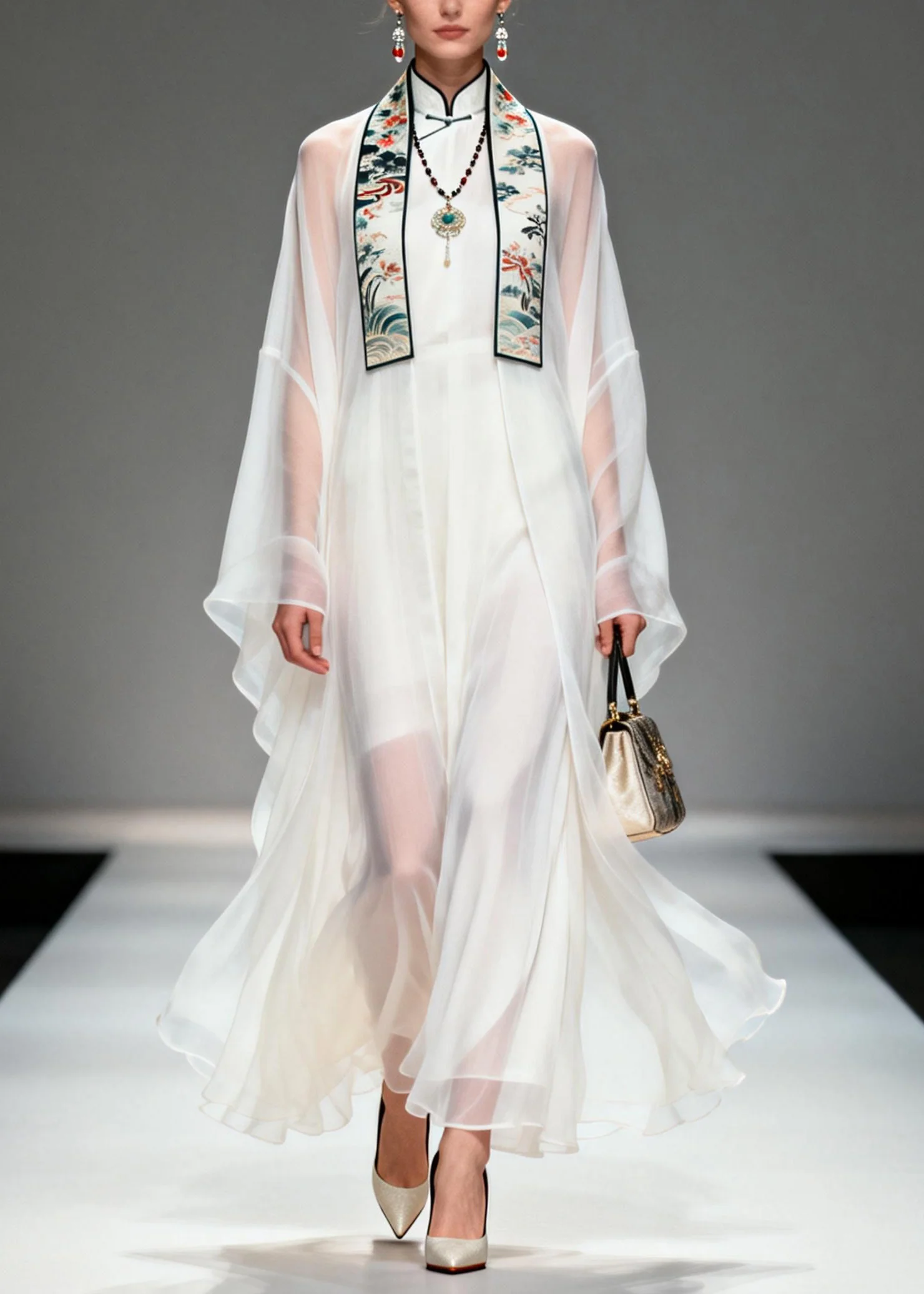 Boutique White Stand Collar Patchwork Chiffon Two Pieces Set Summer