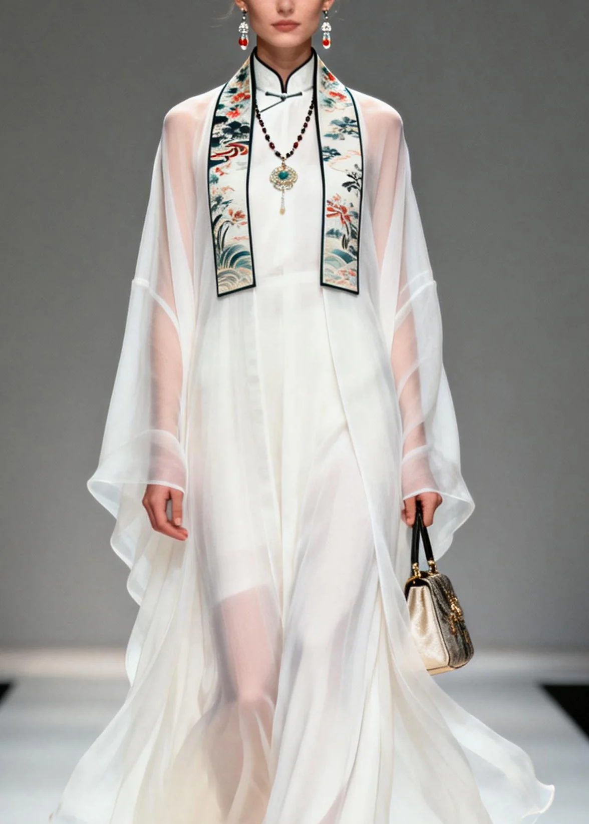 Boutique White Stand Collar Patchwork Chiffon Two Pieces Set Summer - Image 2