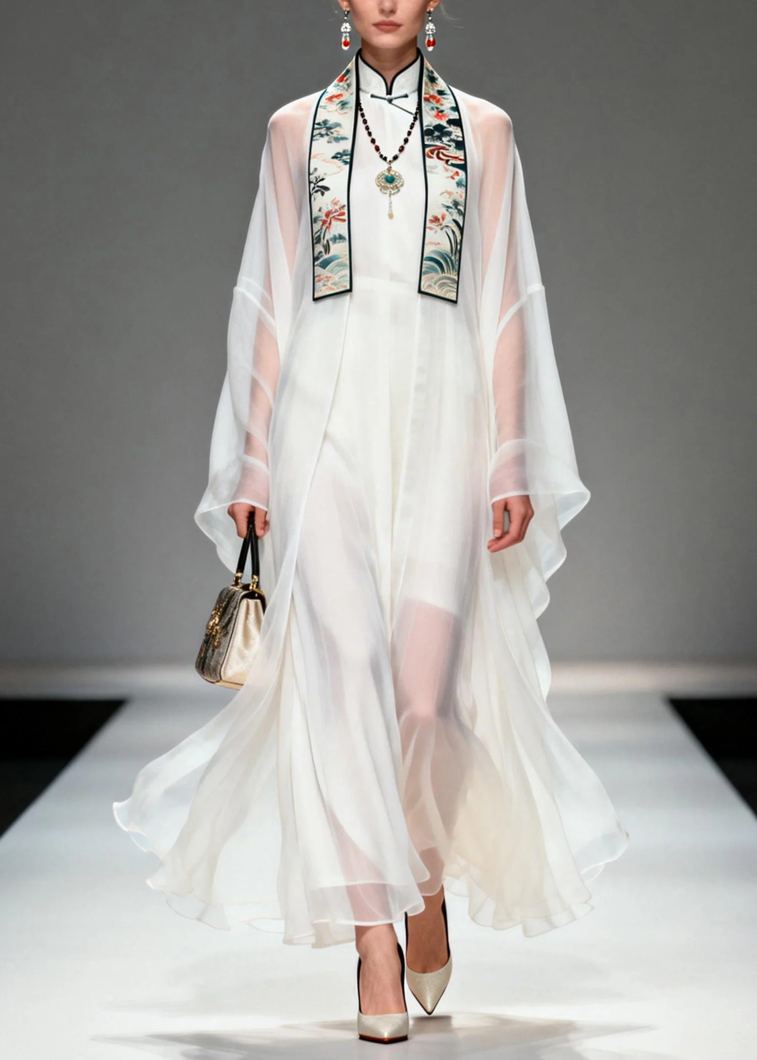 Boutique White Stand Collar Patchwork Chiffon Two Pieces Set Summer - Image 3