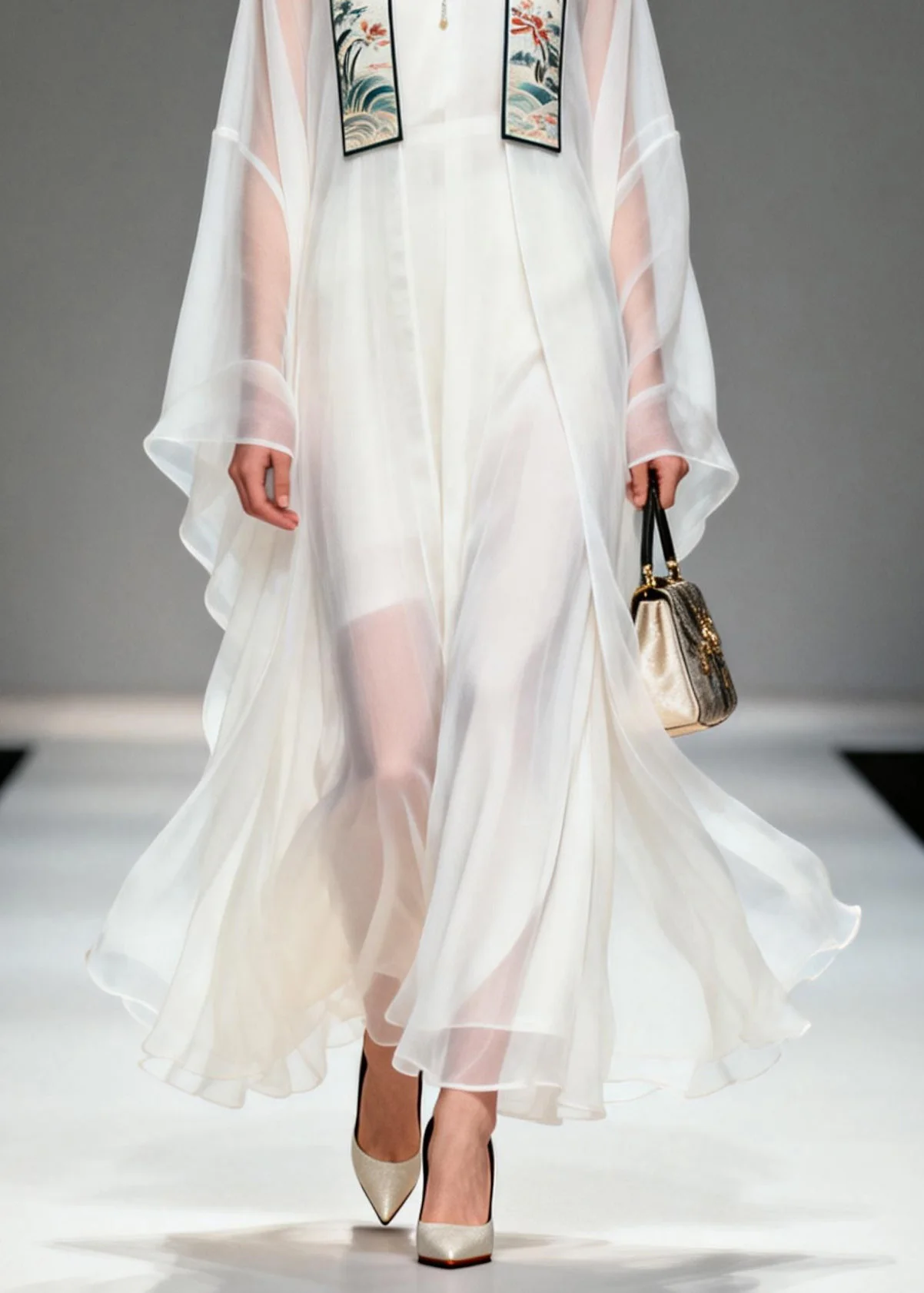 Boutique White Stand Collar Patchwork Chiffon Two Pieces Set Summer - Image 4
