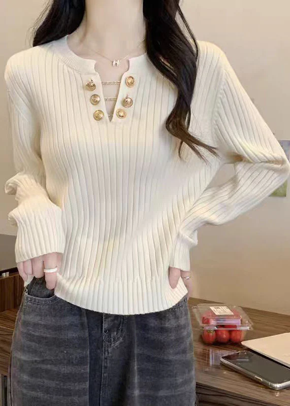 Boutique White V Neck Solid Cotton Knit Sweater Spring - Image 2