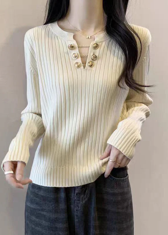 Boutique White V Neck Solid Cotton Knit Sweater Spring - Image 3