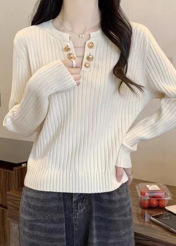 Boutique White V Neck Solid Cotton Knit Sweater Spring - Image 4