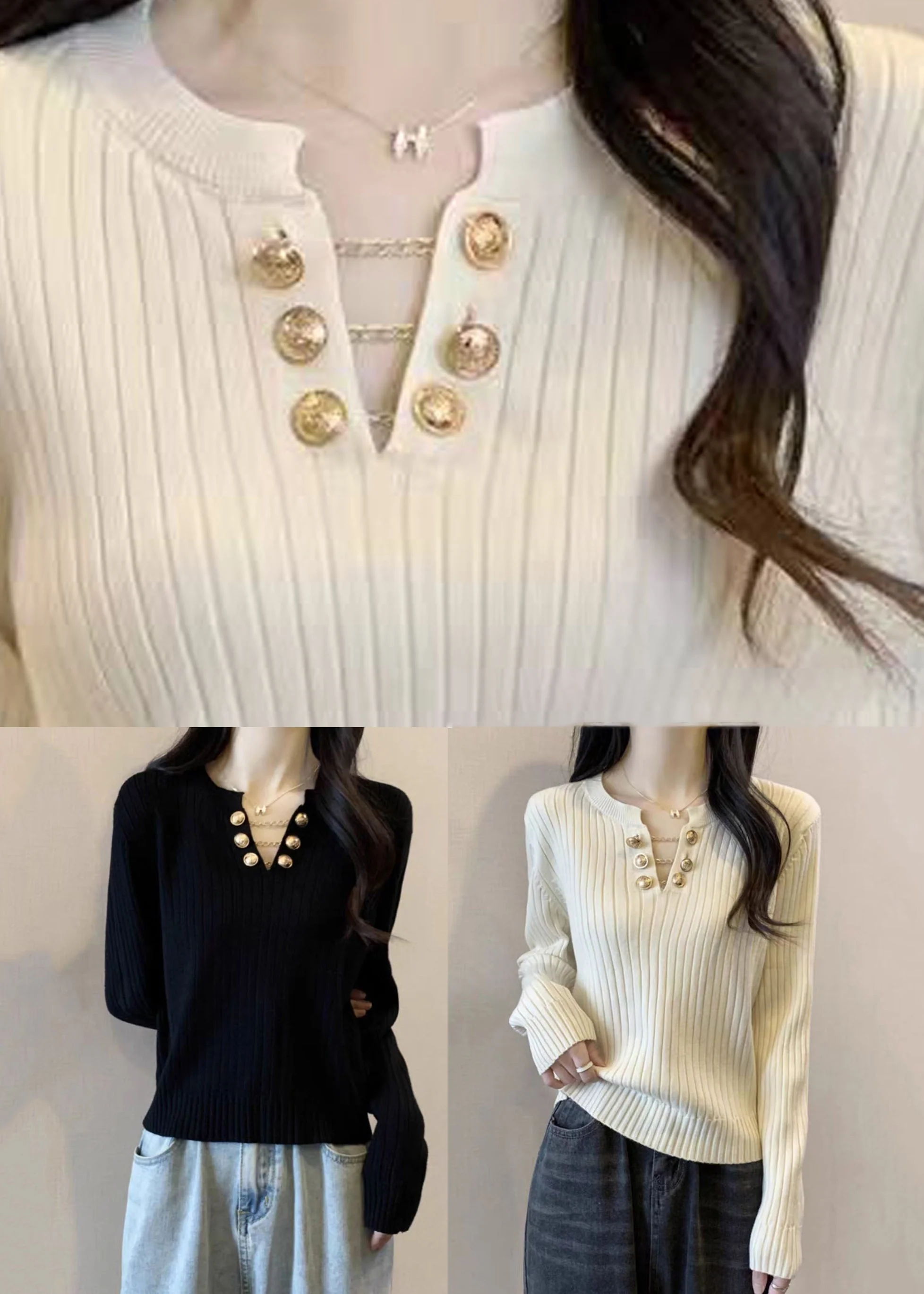Boutique White V Neck Solid Cotton Knit Sweater Spring - Image 5