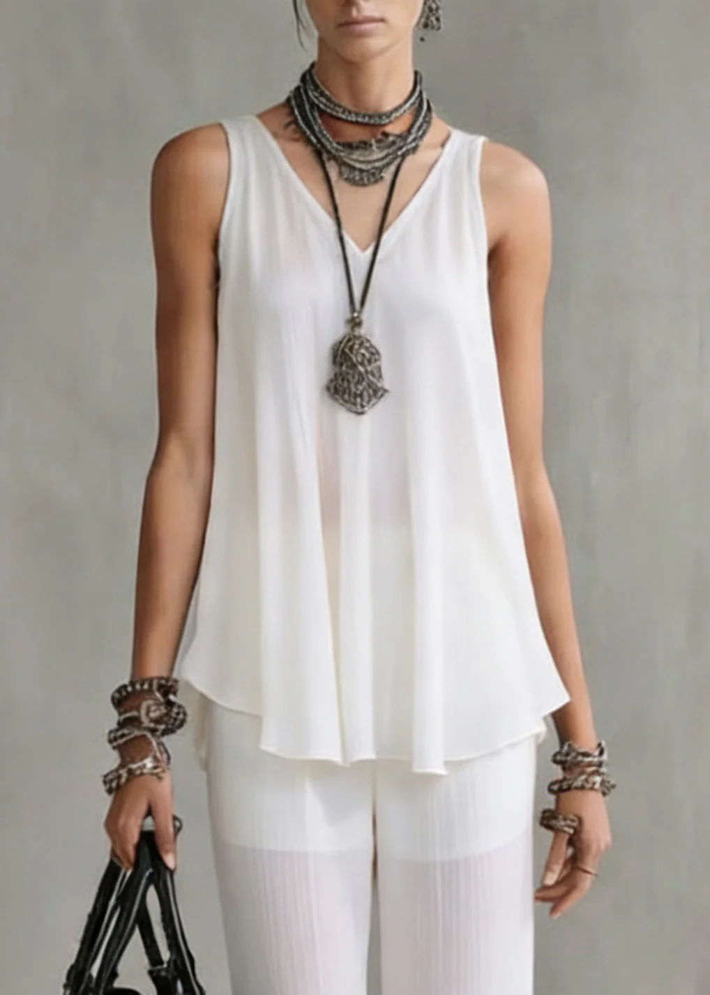 Boutique White V Neck Solid Tops And Wide Leg Pants Chiffon Two Pieces Set Summer - Image 2