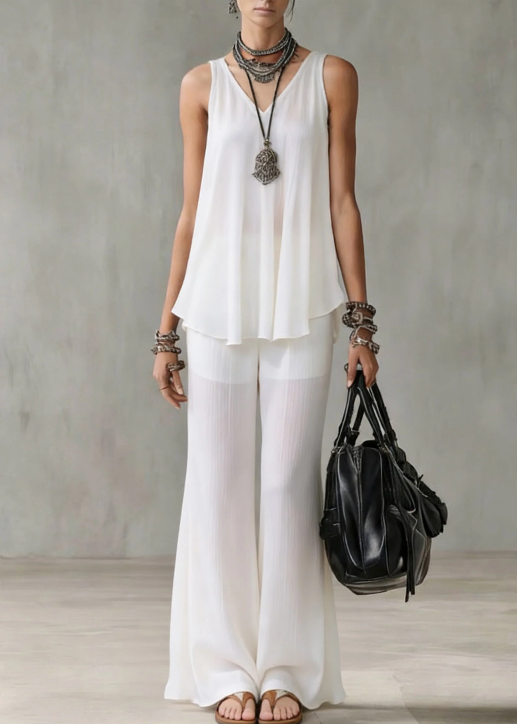 Boutique White V Neck Solid Tops And Wide Leg Pants Chiffon Two Pieces Set Summer - Image 3