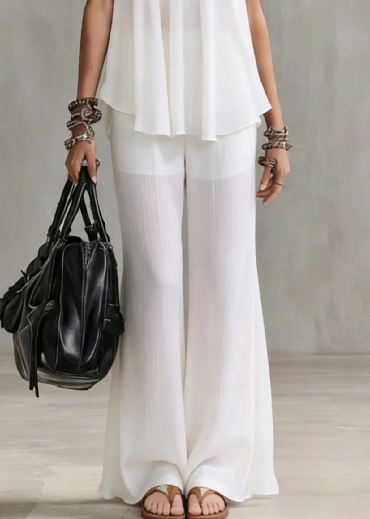 Boutique White V Neck Solid Tops And Wide Leg Pants Chiffon Two Pieces Set Summer - Image 4