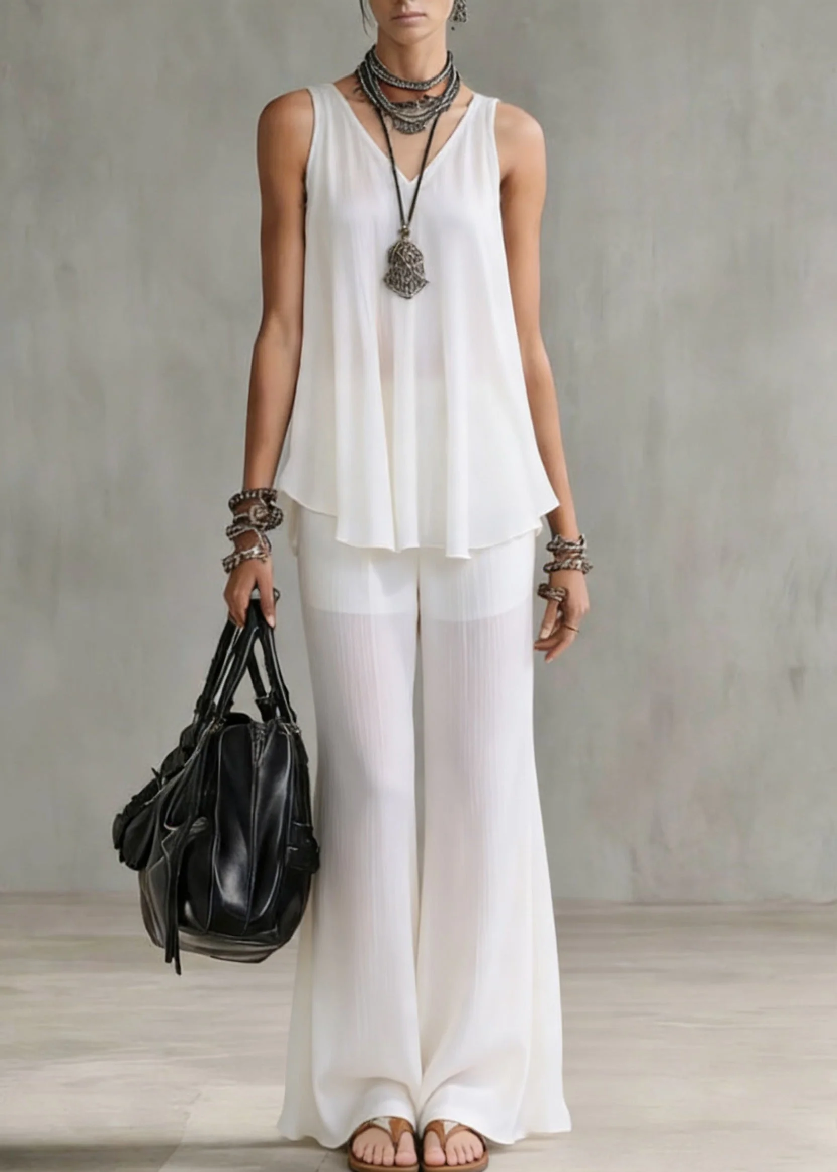 Boutique White V Neck Solid Tops And Wide Leg Pants Chiffon Two Pieces Set Summer - Image 5