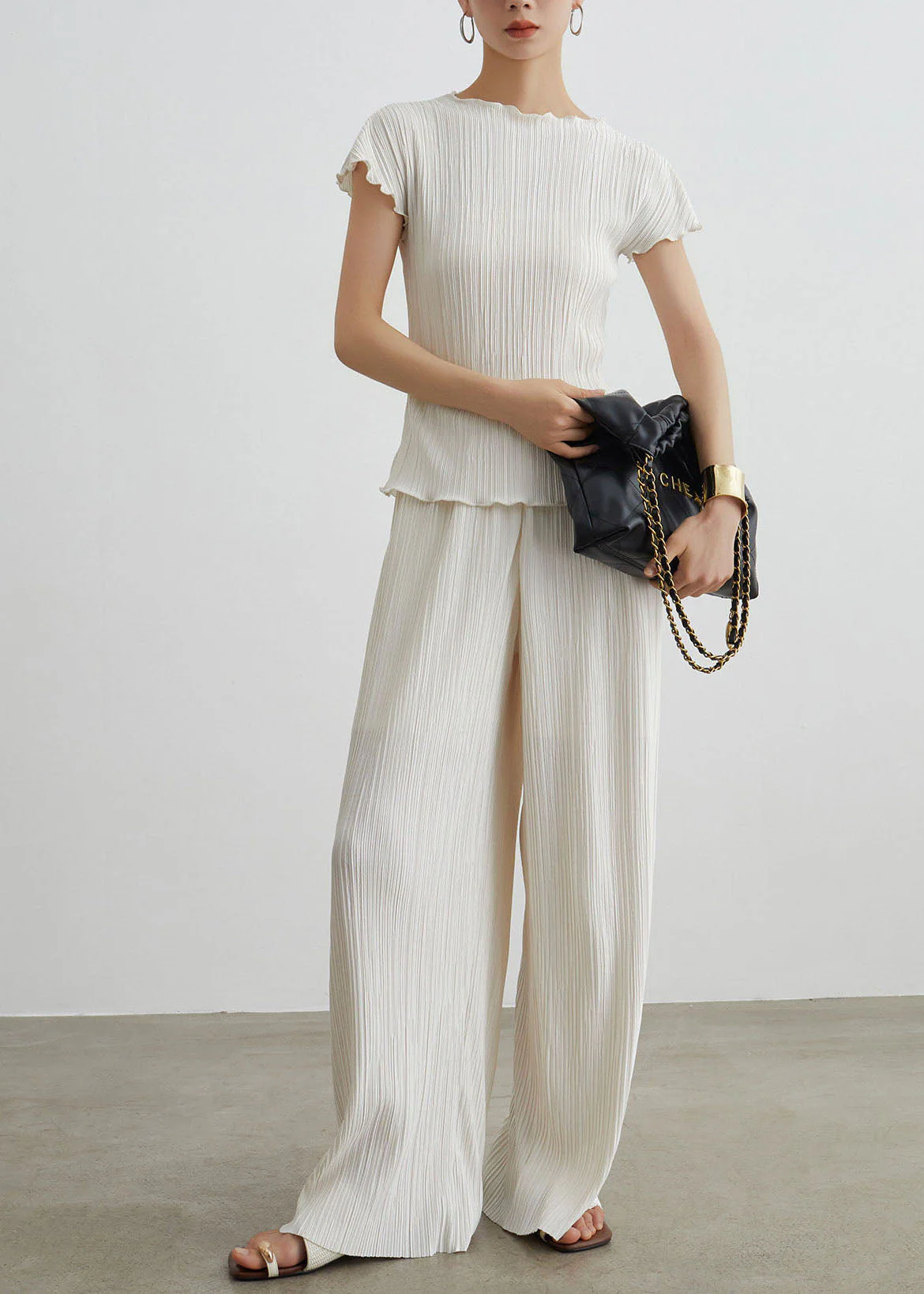 Boutique White Wrinkled T Shirt Pants Cotton Two Pieces Set Summer - Image 2