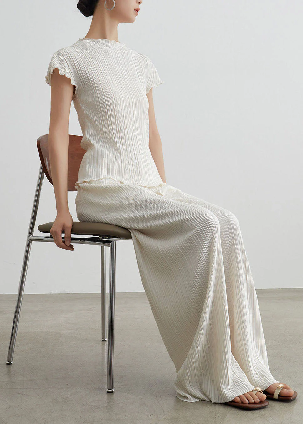 Boutique White Wrinkled T Shirt Pants Cotton Two Pieces Set Summer - Image 3