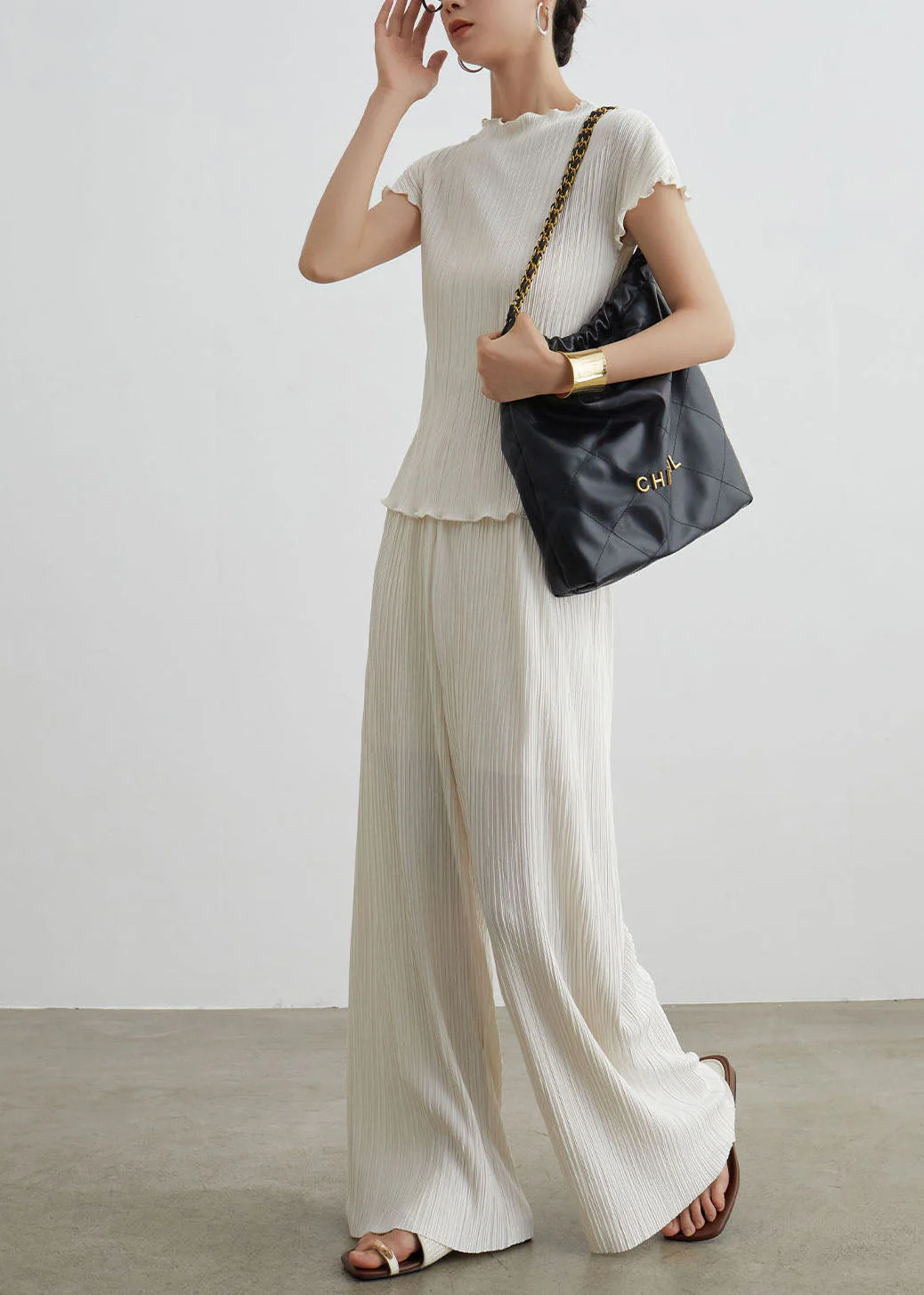 Boutique White Wrinkled T Shirt Pants Cotton Two Pieces Set Summer - Image 4