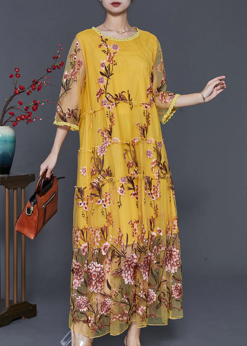 Boutique Yellow Embroidered Hollow Out Tulle Party Dress Summer - Image 2