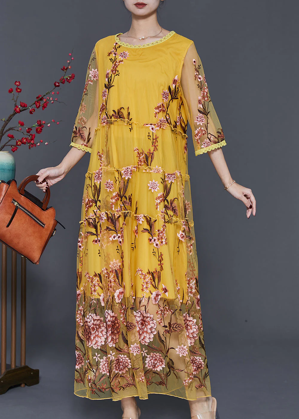 Boutique Yellow Embroidered Hollow Out Tulle Party Dress Summer - Image 3