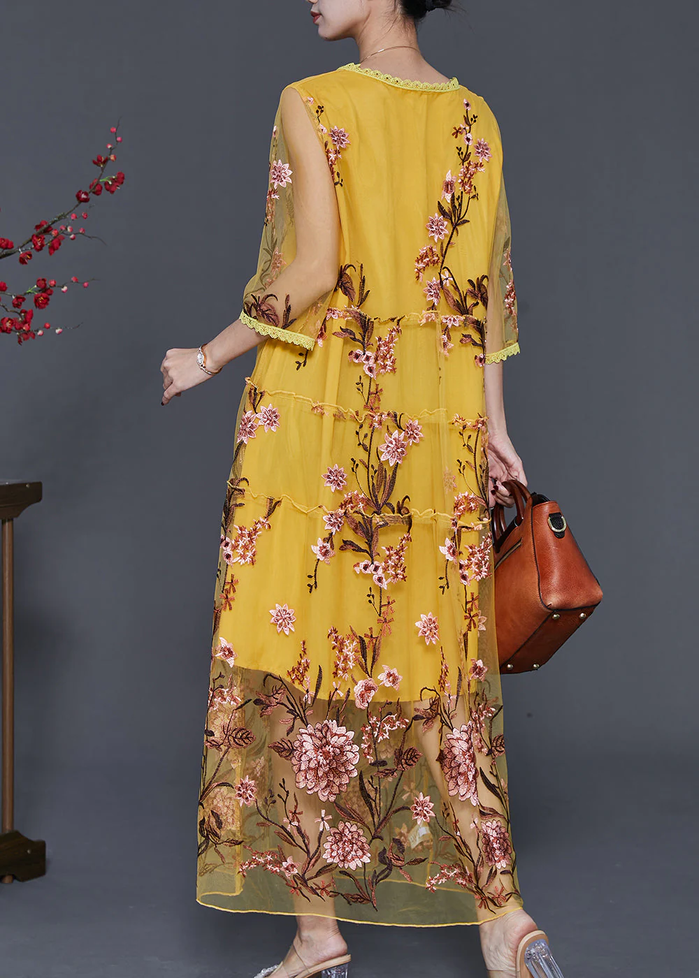 Boutique Yellow Embroidered Hollow Out Tulle Party Dress Summer - Image 4